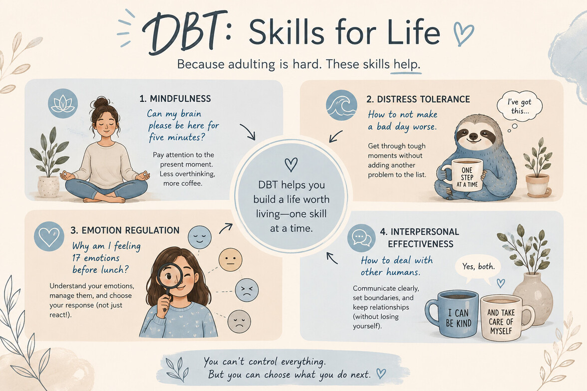 DBT skills infographic explaining mindfulness, distress tolerance, emotion regulation, and interpersonal effectiveness.